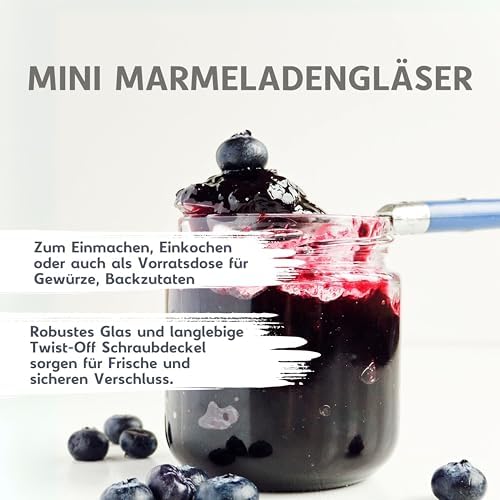 Mikken 10 kleine Einmachgläser 53ml für Marmelade inklusive Weissen Deckeln und Etiketten