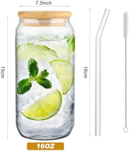 LINXIU Dosenförmige Glasbecher für Eiskaffee und Cocktails - 500ml Trinkgläser mit Bambusdeckel und Glasstrohhalm - 2er 