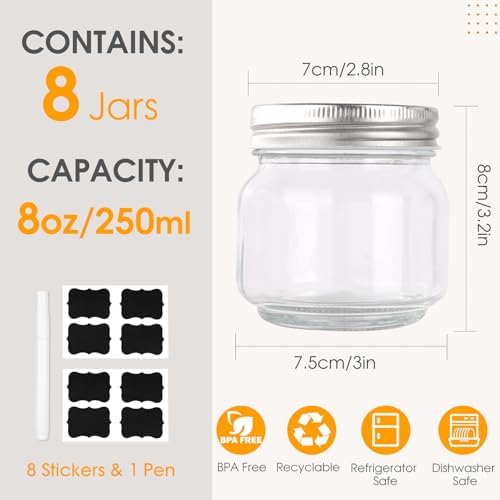 Einmachgläser 250ml mit Schraubdeckel für Overnight Hafergläser und Mealprep, 8stk., Schraubgläser mit Deckel für Eingel