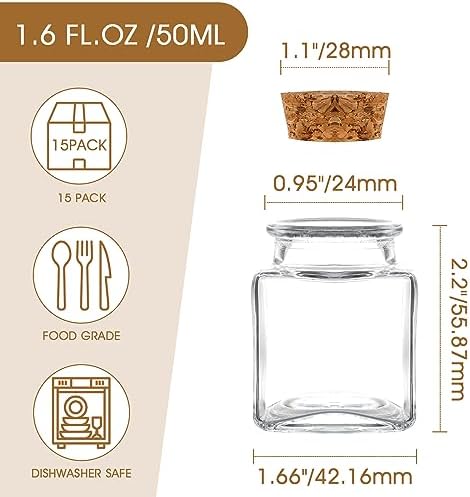 Quadratische Einmachglasflaschen mit Korkverschluss 50 ml, 15 Stück, perfekt für Gewürze, Perlen, Süßigkeiten und Dekoar
