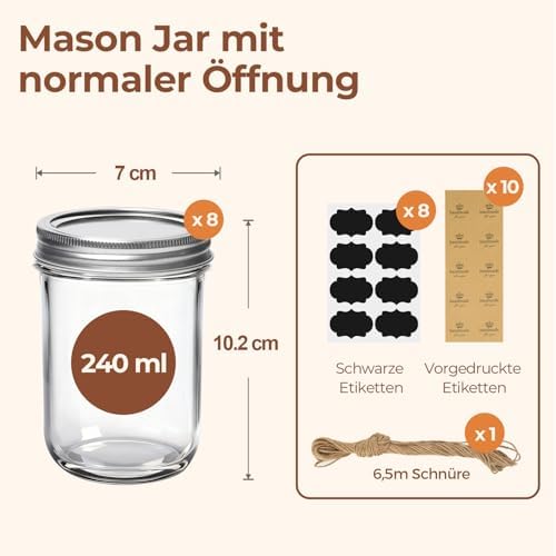 ComSaf 240ml Mason-Jar-Vorratsgläser 8 Stück für Lebensmittel, Overnight Oats und Marmelade mit Schraubdeckel