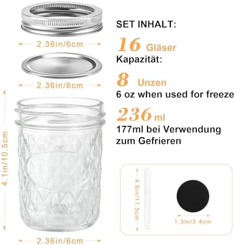 OAMCEG Recycling-Einmachgläser - Vielseitig nutzbar für Meal Prep und Overnight Oats, 100%-recyceltes Glas, 240ml, 16er 