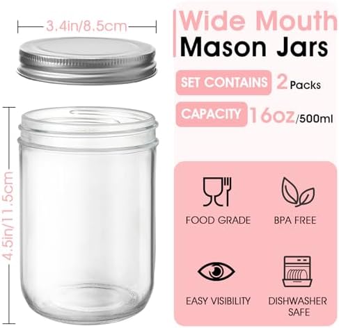 2Pack Mason Gläser 500ml x 2 für Marmelade, Honig & Gelee - Hochzeitshochzeitsgeschenke & Speisezubereitung - Luftdichte