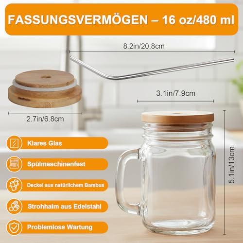 OAMECEG 6 Stück wiederverwendbare Mason-Jar-Gläser 500ml mit Deckel und Strohhalm – Ideal für Saft, Iced Kaffee und Matc