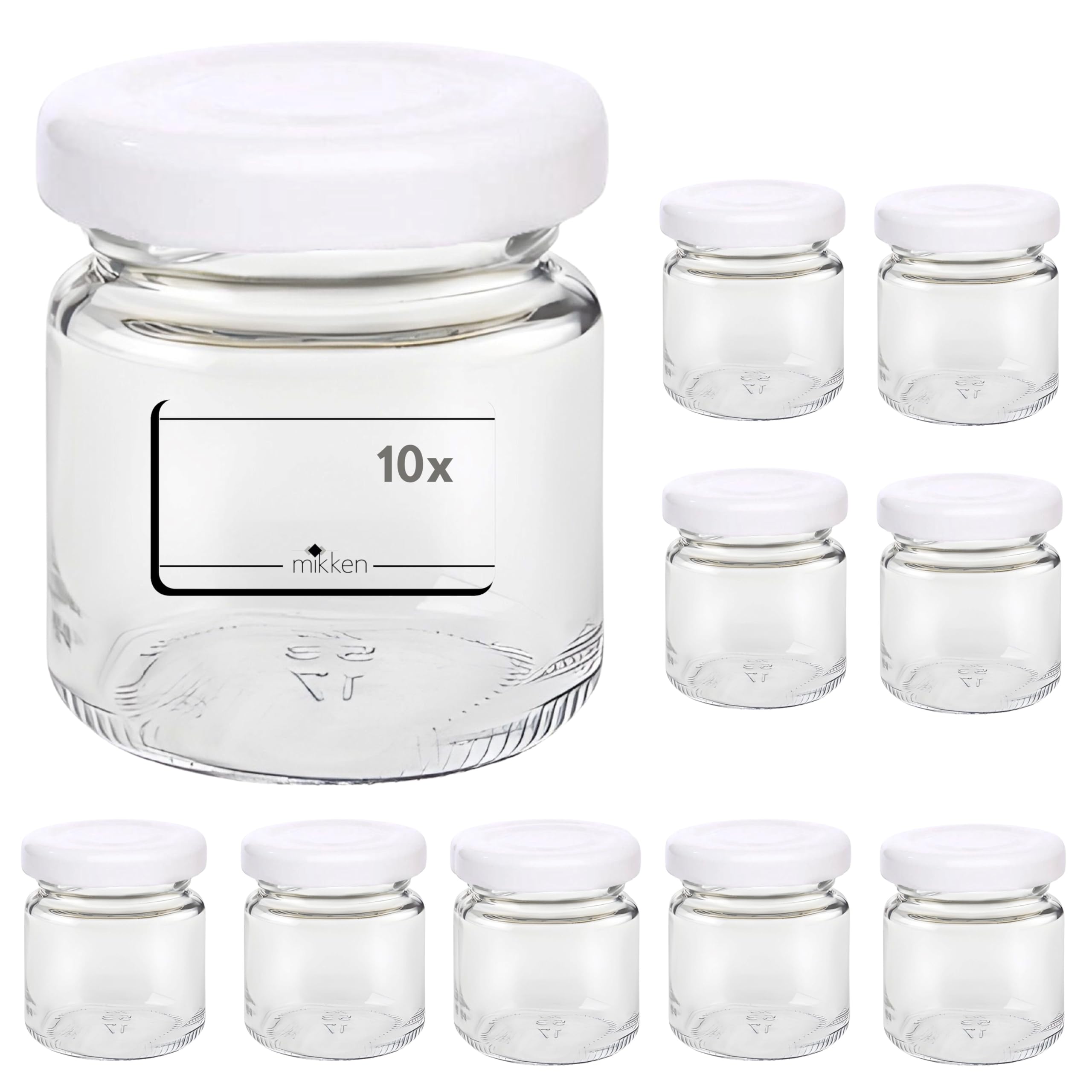 Mikken 10 kleine Einmachgläser 53ml für Marmelade inklusive Weissen Deckeln und Etiketten