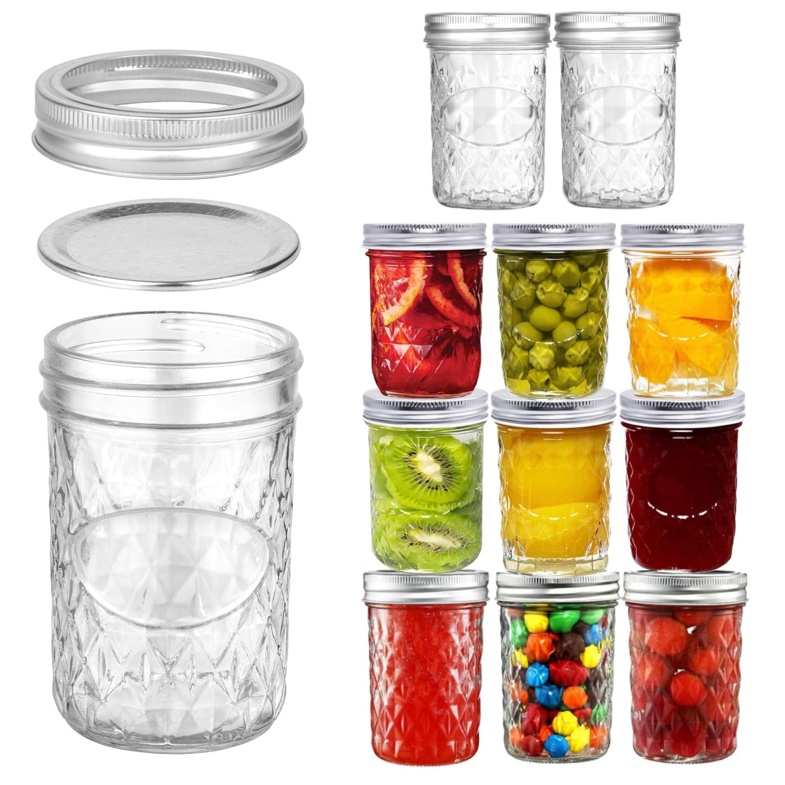  12 Stück Mason Jars 240ml Silberfarbiger Deckel, Ideal zum Aufbewahren von Lebensmitteln, perfektes Geschenk für Party-