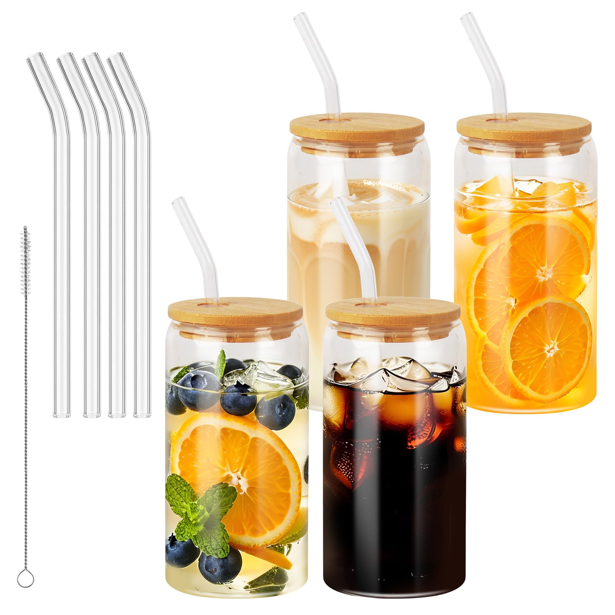 4er Set 500 ml Trinkgläser mit Deckel und Strohhalm für Cocktails und Iced Coffee