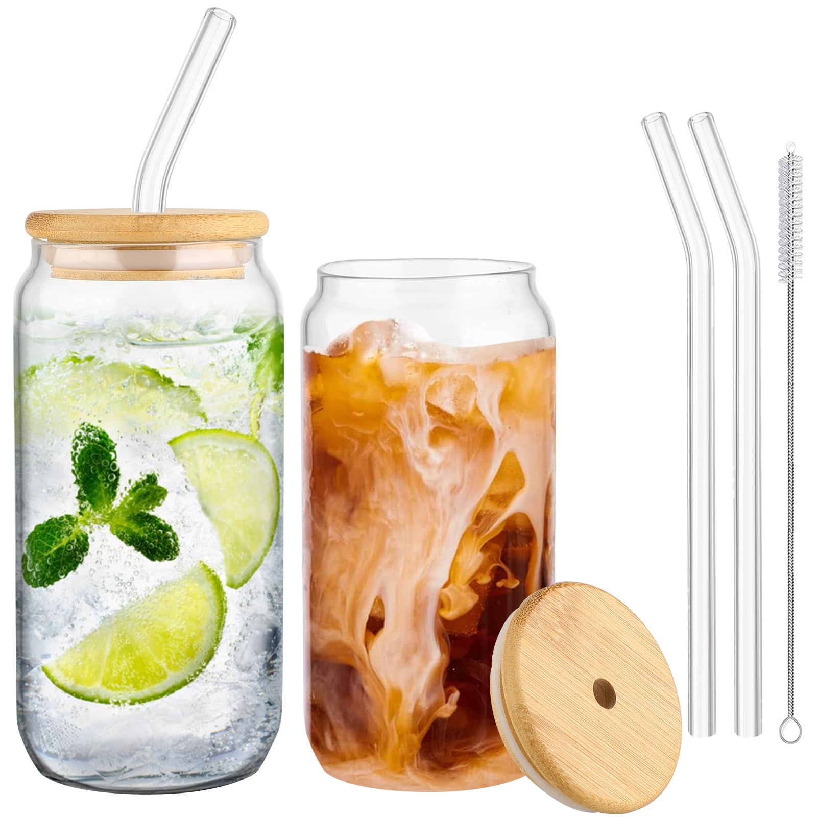 LINXIU Dosenförmige Glasbecher für Eiskaffee und Cocktails - 500ml Trinkgläser mit Bambusdeckel und Glasstrohhalm - 2er 