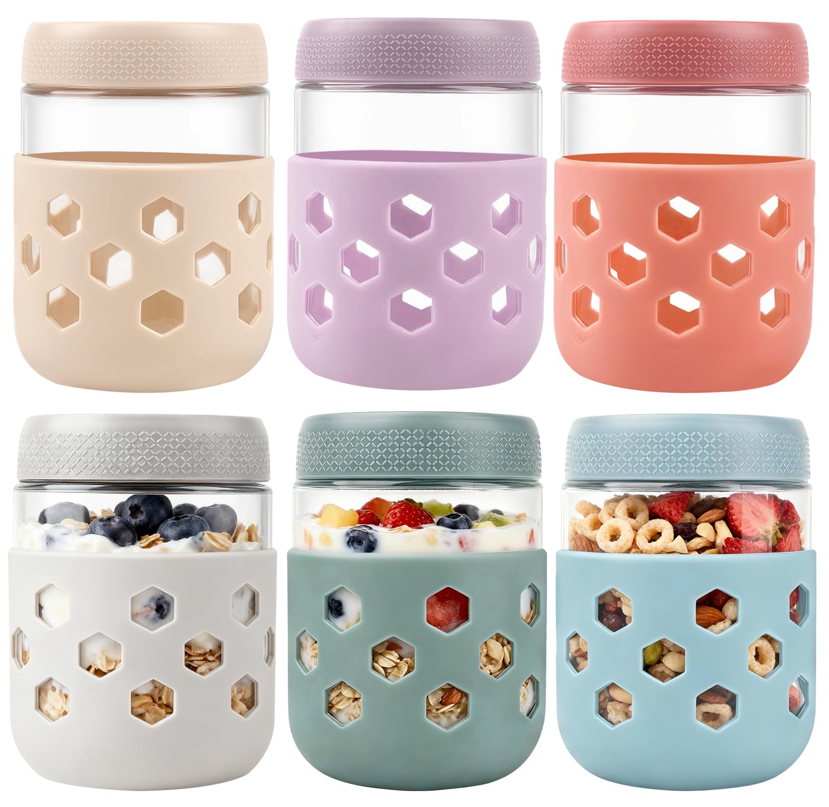 Overnacht-Oat-Gläser 500ml x 6 Stuck Pastellfarbige Vorratsgläser Mit Deckel und Silikonhülle Für Hausgemachte Marmelade