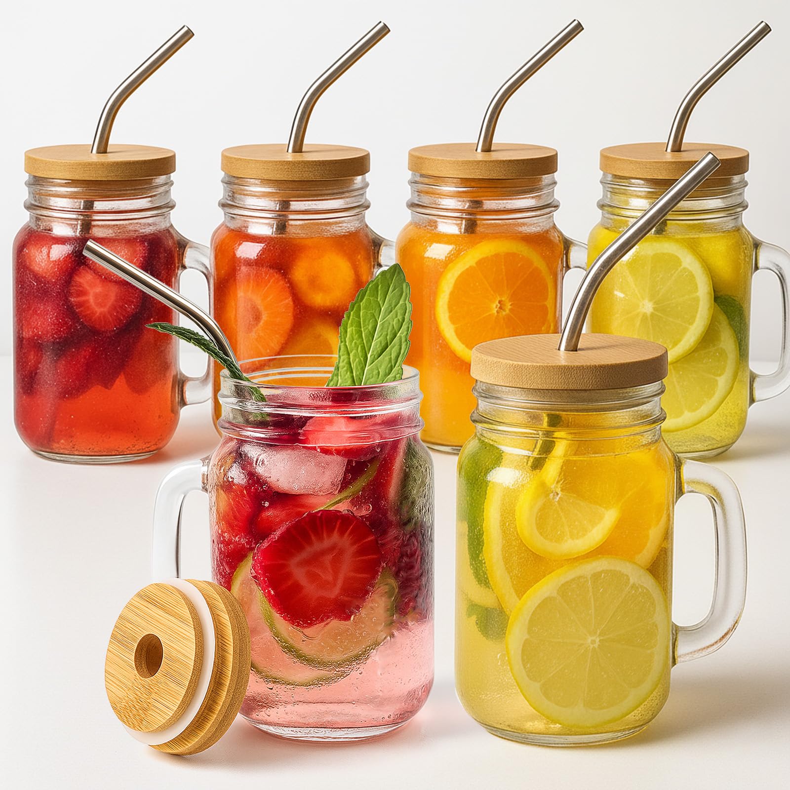 OAMECEG 6 Stück wiederverwendbare Mason-Jar-Gläser 500ml mit Deckel und Strohhalm – Ideal für Saft, Iced Kaffee und Matc