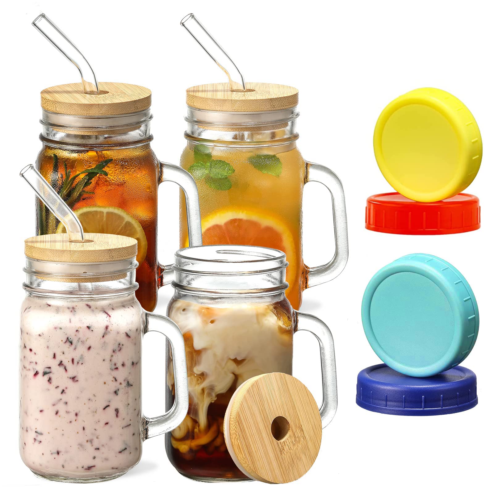 Trinkgläser mit Deckel und Strohhalm für Kaffee und Cocktail-Gläser Set, 400ml Mason Jar Trinkglas, ideales Geschenk für