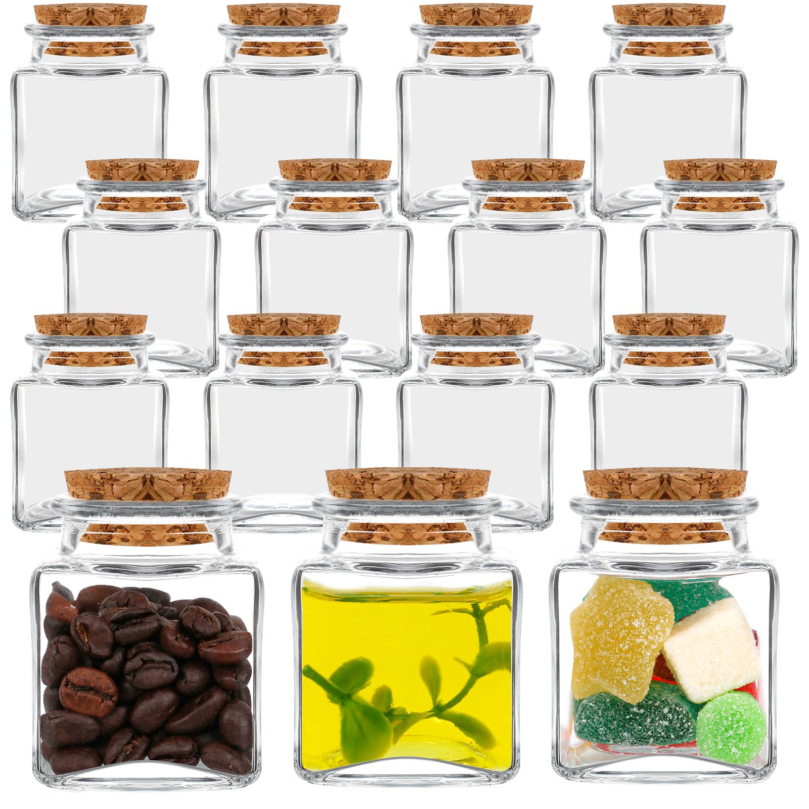Quadratische Einmachglasflaschen mit Korkverschluss 50 ml, 15 Stück, perfekt für Gewürze, Perlen, Süßigkeiten und Dekoar