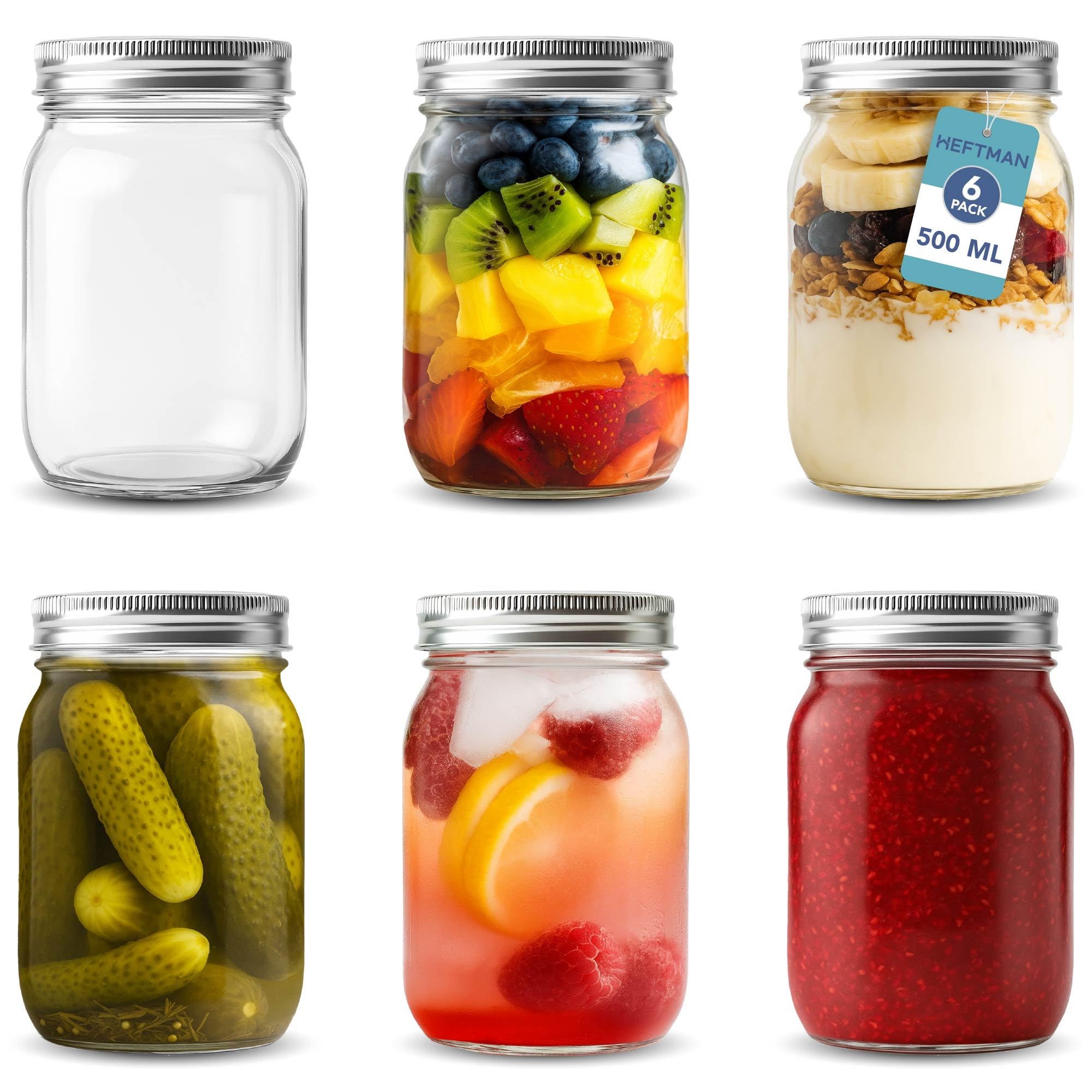 Einmachgläser Mason Jar - 6 Stück Luftdicht für Sauerteig und Meal Prep - 500ml